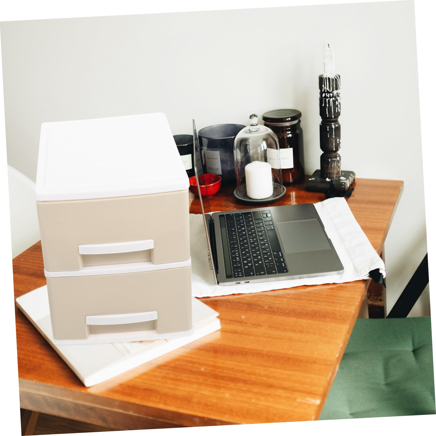 Scatola Portaoggetti da Scrivania a Due Livelli Cassetti | Colore Kaki, Plastico Resistente, Struttura Multiuso, Adatta per Desktop e Housewarming