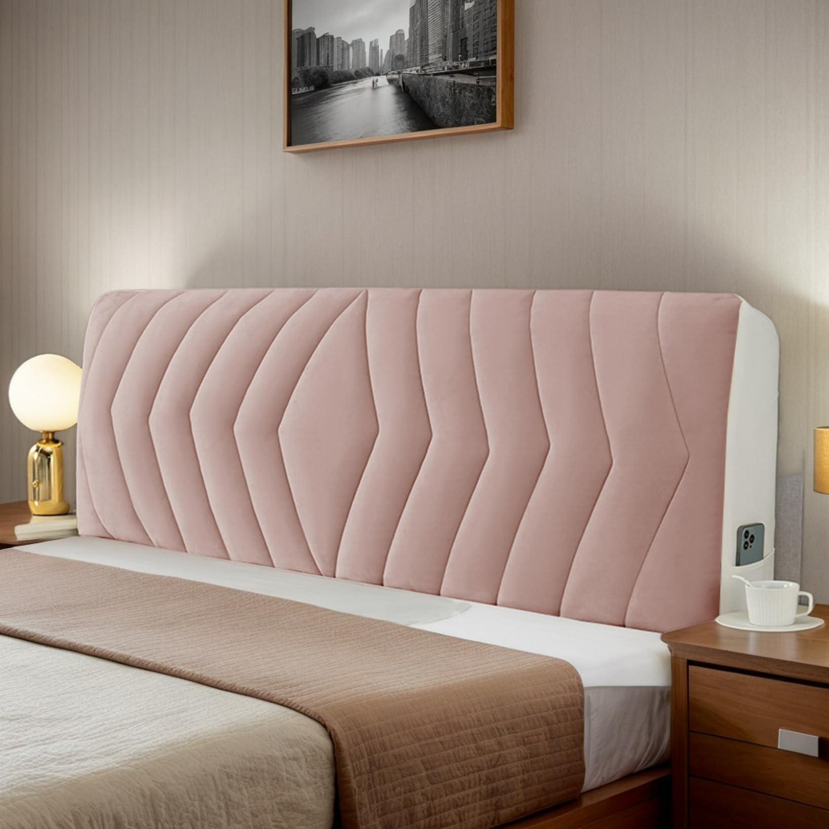 RICPYOIU Funda Protectora Elástica A Prueba De Polvo para Cabecera De Cama En Terciopelo con Relleno Espesado Tamaño Individual Doble King Queen para Decoración De Dormitorio,Rosado,150cm