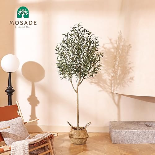 Miniatura 9 de Árbol de olivo artificial de 6 pies de alto con hojas de seda realistas, cesta de hierba marina hecha a mano, plantas falsas grandes de bajo