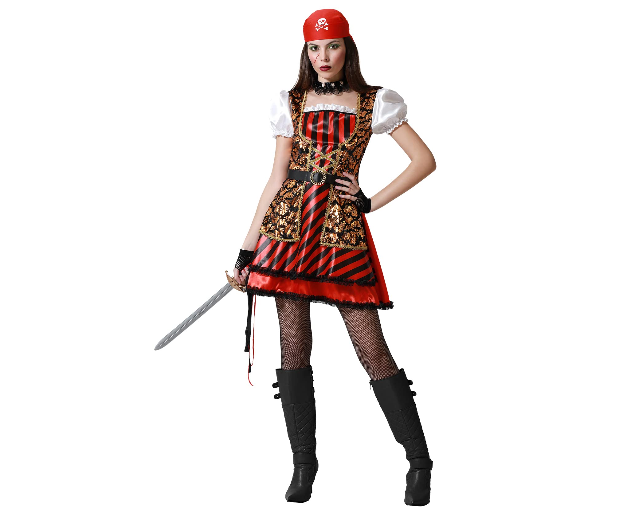 Atosa Disfraz Corsario Pirata De Mujer Adulto Vestido Corto Con Pañuelo Rojo Negro Detalles Dorados Piratas Del Caribe Para Fiestas Carnaval Halloween