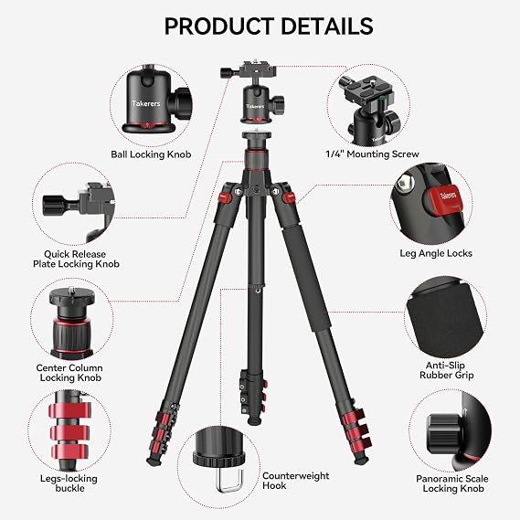 Takerers 62'' Carbon Fiber Tripod for Camera DSLRFast Flip BuckleProfessional Camera Tripod Stand for Photography Travel, with 1/4 Screw QR Plate, 360 Panorama Ballhead, Phone Clamp, Max Load 33lb