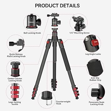 Takerers 62'' Carbon Fiber Tripod for Camera DSLRFast Flip BuckleProfessional Camera Tripod Stand for Photography Travel, with 1/4 Screw QR Plate, 360 Panorama Ballhead, Phone Clamp, Max Load 33lb