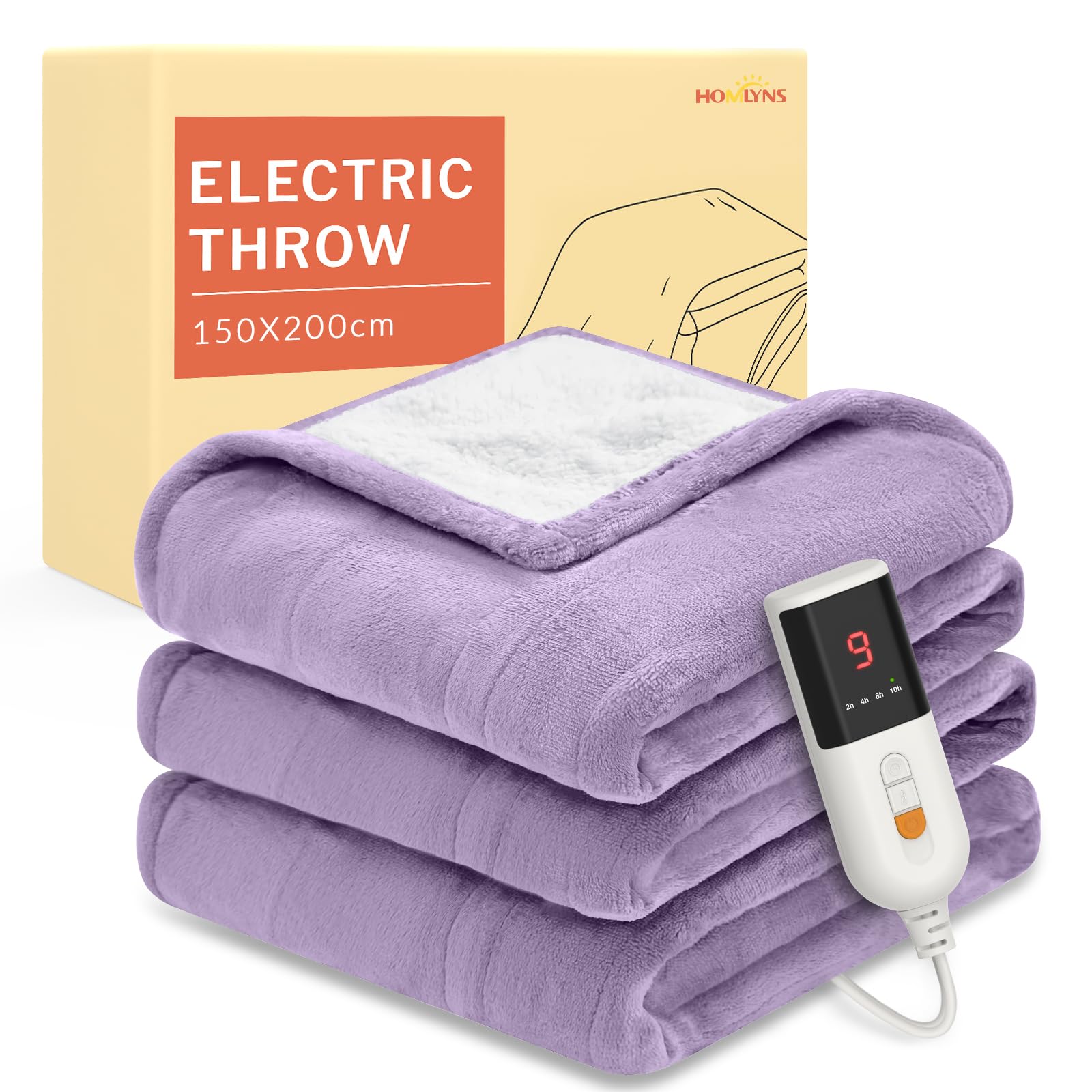 HOMLYNS Coperta riscaldata, 9 impostazioni di calore, timer 10 ore, viola | 200 × 150 cm, certificato UKCA, morbida flanella sherpa, costruita per divano, letto e ufficio, corda da 220 cm