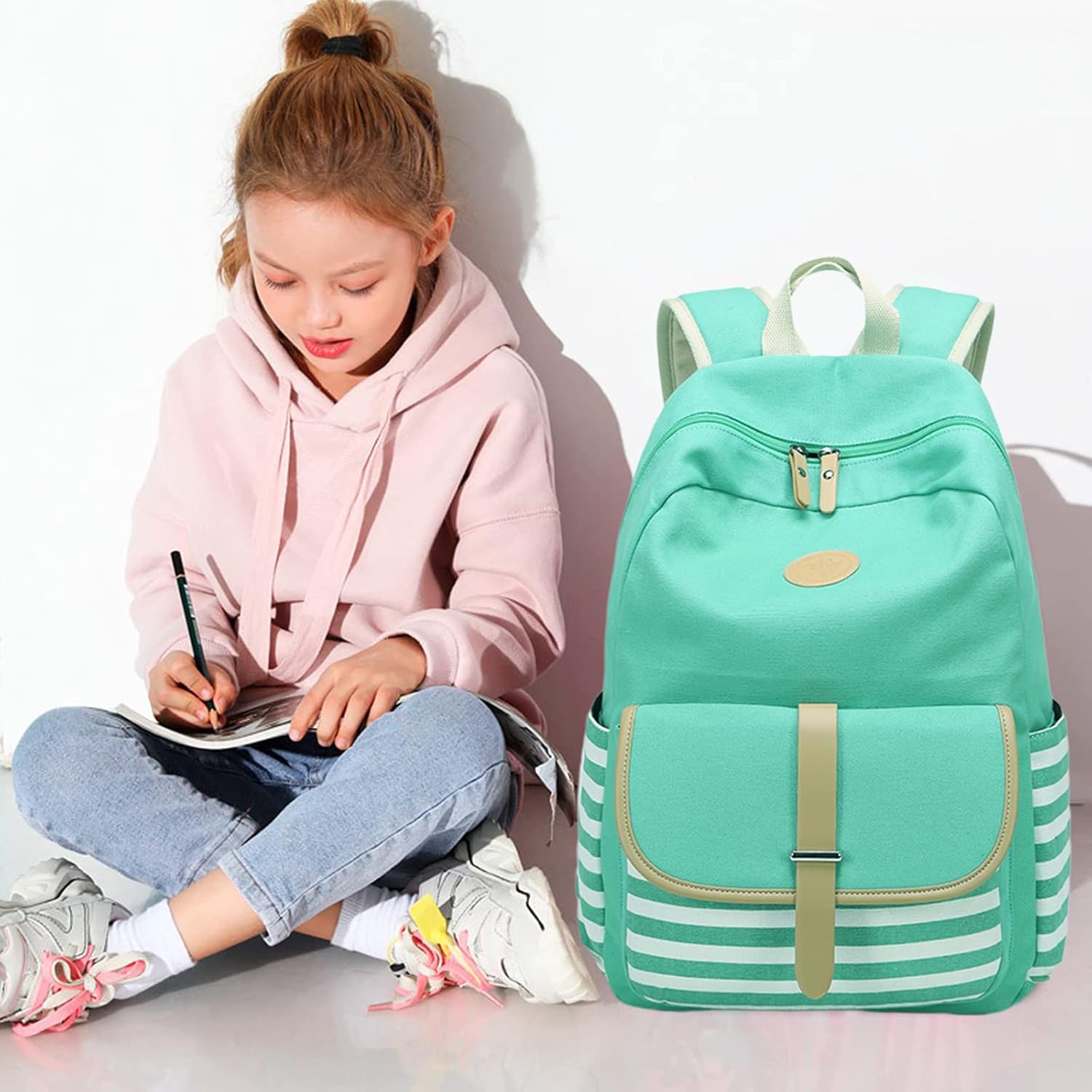 Joyfulife School Backpacks for Teen Girls Lightweight Canvas Backpack Student Bookbags with Lunch Bag 4 in 1 - Image 7