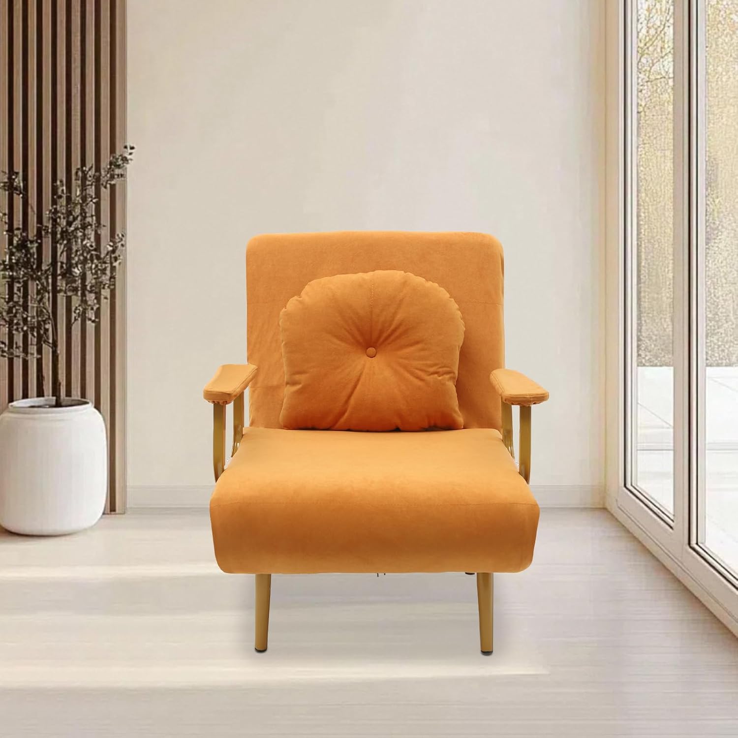 Folding Sofa Bed, Convertible Chair with 5-Position Adjustable Backrest & Pillow, 3 in 1 Sleeper Chair Bed for Living Room Bedroom Office (Orange)