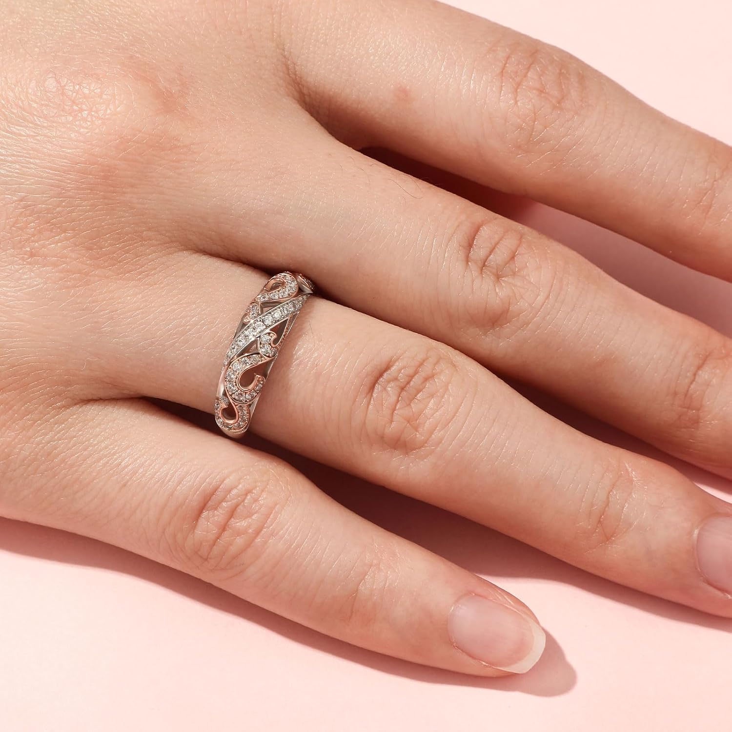 Jeulia Engagement Leaf Vines Rings for Women, 925 Sterling Silver Rose Gold Plated Rings Diamond Round Cut Wedding Band Promise Anniversary Romantic Jewelry Gift with Box