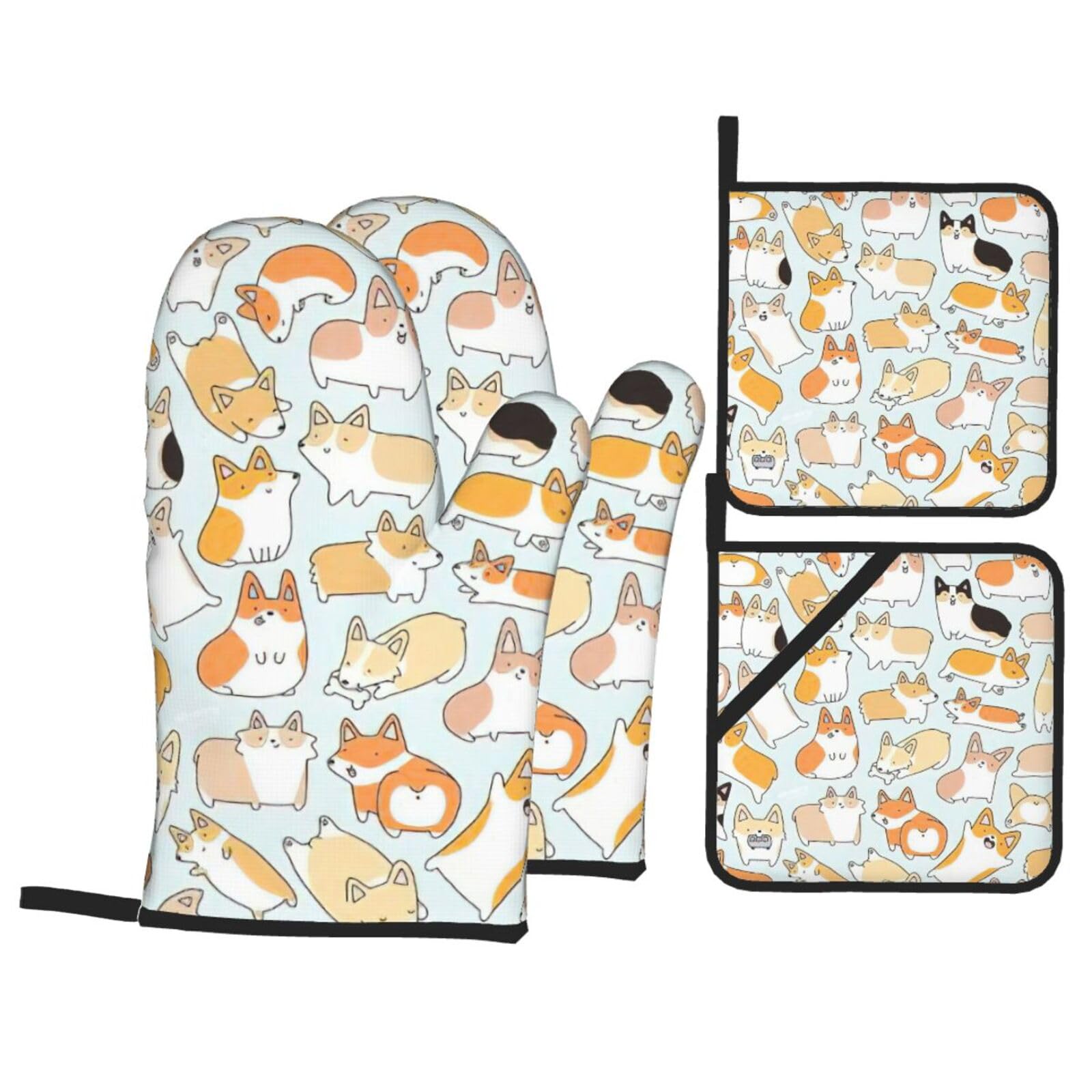 Corgi Dog Print 4-Piece Oven Microwaving Set Waterproof Kitchen Gloves for Baking Grilling Cooking
