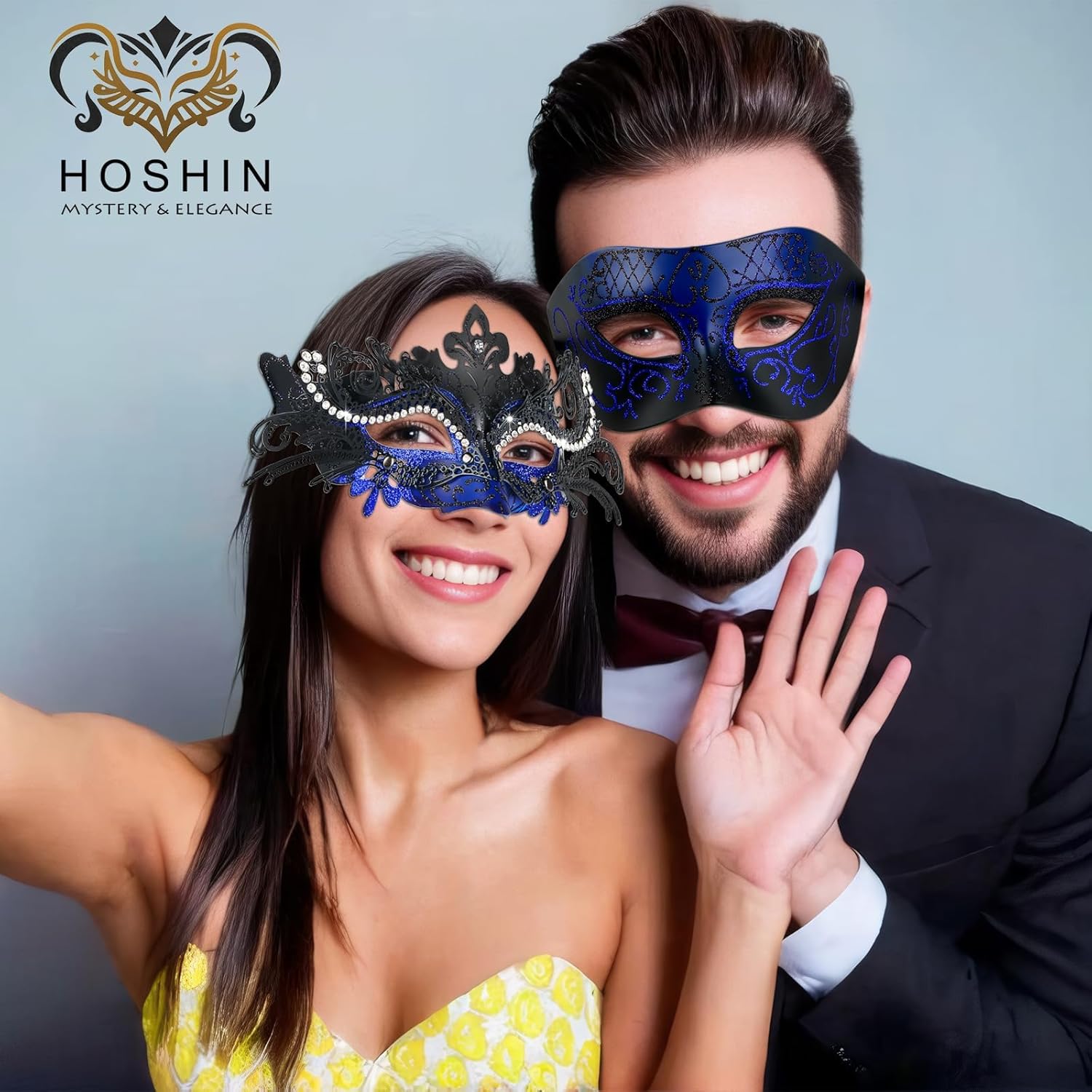 Hoshin Masquerade Mask for Couple, Mardi Gras Deecorations Venetian Masks for Womens Blue & Black