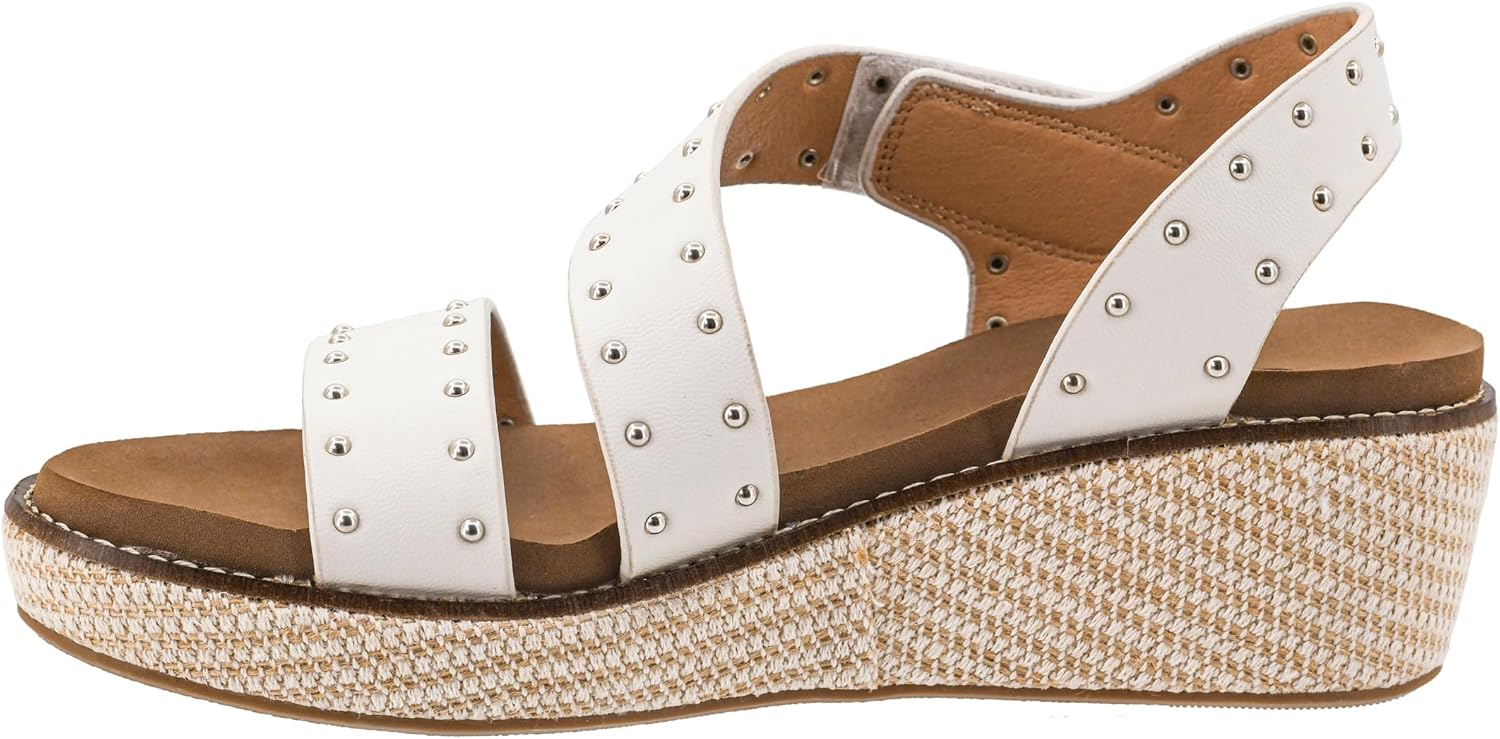 Corkys Footwear Women's Chit Chat Wedge – A Stylish Studded Strappy Sandal with a 2-Inch Heel, Hook & Loop Closure, EVA Cushioned Insole, and Raffia-Wrapped Outsole