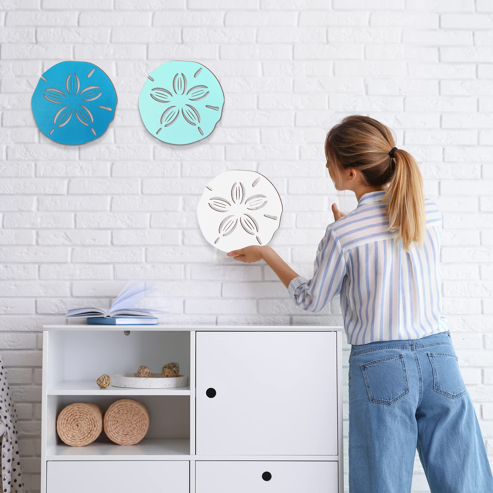 Decoración de pared de dólares de arena, 3 piezas, arte de pared costero de playa, madera, océano, arena, dólares, decoración, arte verde azulado, espuma de mar para decoración del hogar y baño 7