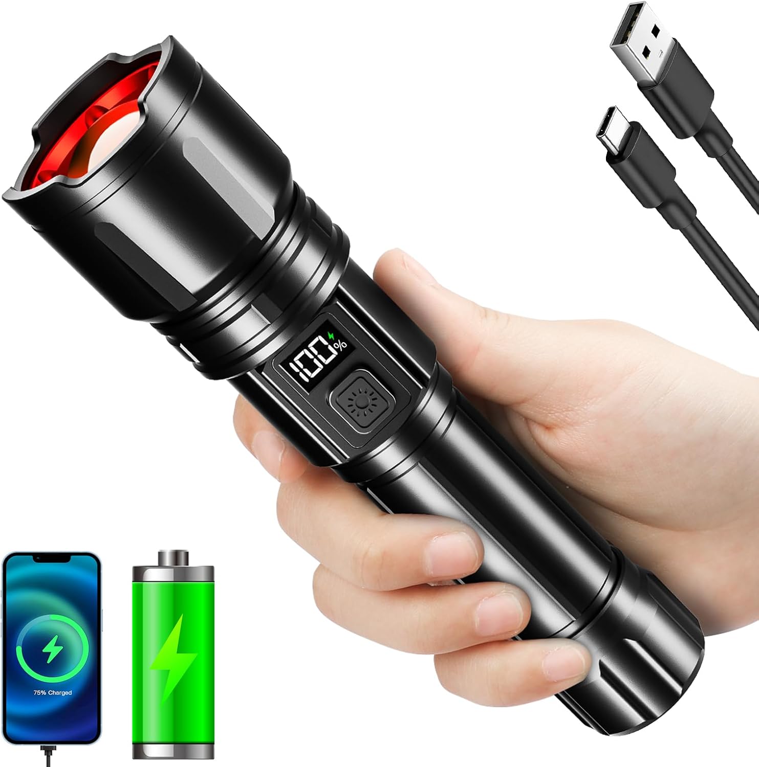 Rechargeable LED Flashlight 99000 High Lumens, Powerful Tactical Flashlights with 6 Modes, IPX7 Waterproof, Zoomable, Super Bright for Home Outdoor Emergency Camping