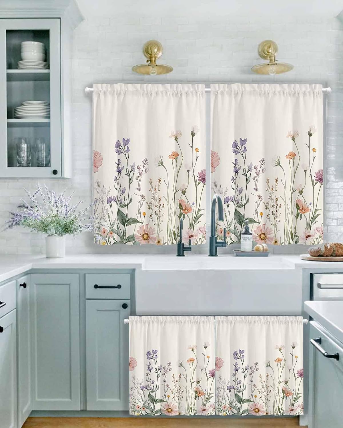 Summer Floral Botanical Kitchen Curtains - 45 Inch Length Kitchen Window Curtains Over Sink - Short Blackout Curtain for Windows - Spring Botanical Vintage Tiers Curtain for Bathroom Window 30"x45"