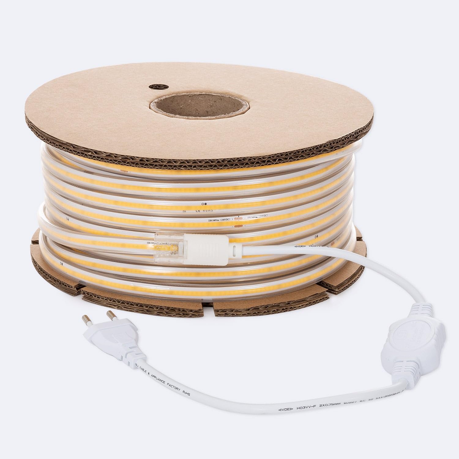 LEDKIA LIGHTING Tira LED Regulable 220V COB 320 LED/m BOBINA 50m 8W/m 720lm/m Ancho 12mm Corte 50cm IP65 CRI90 4000K Blanco Neutro