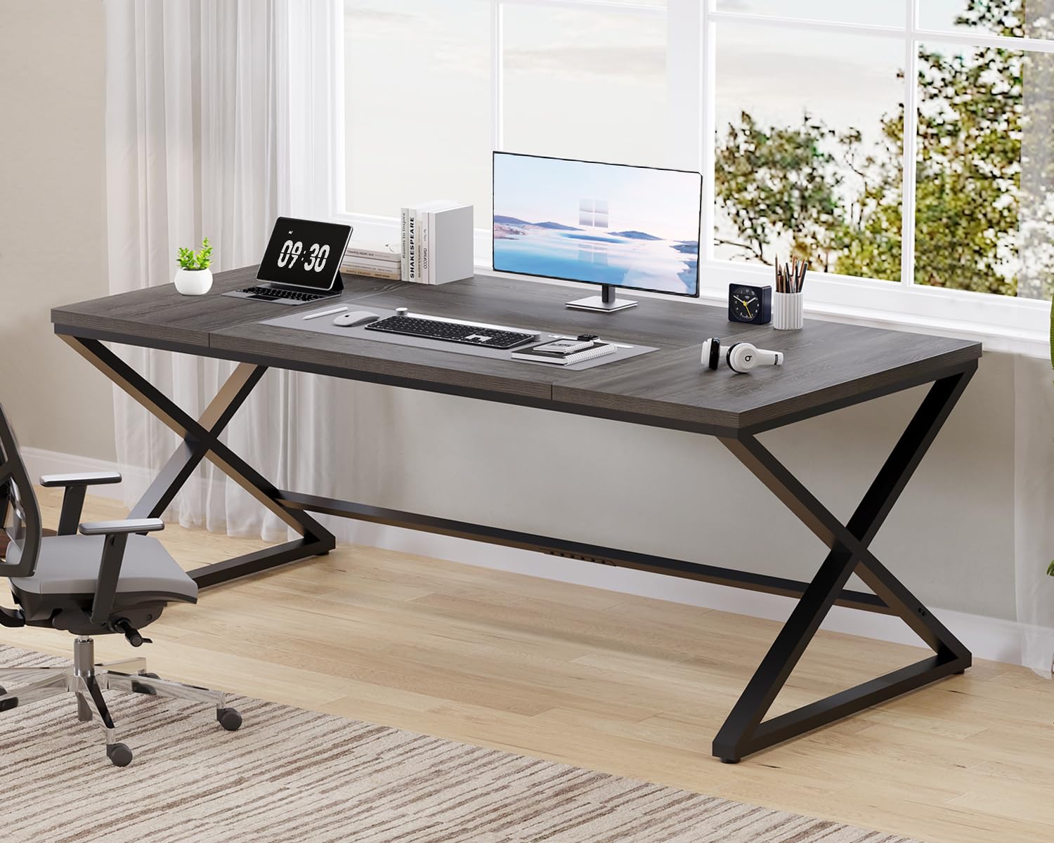 LVB Long Desk Modern Large Computer Desk for Home Office Work, Wood Metal Computer Table for Writing Study in Bedroom, Simple Gaming Desk for 2 Monitor Workstation, Dark Oak, 180cm