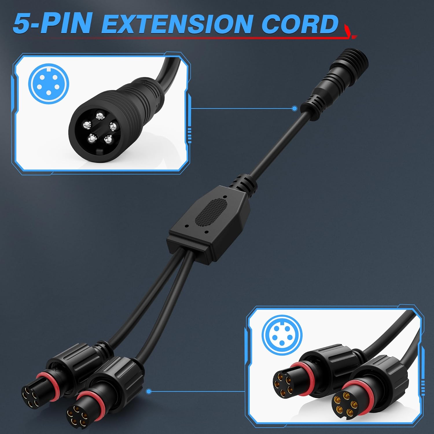 MICTUNING 5Pin Extension Wire Cable Cord Y Splitter Cable Male to 2 Female Connectors Dual Extension Cable Wire, 1pcs