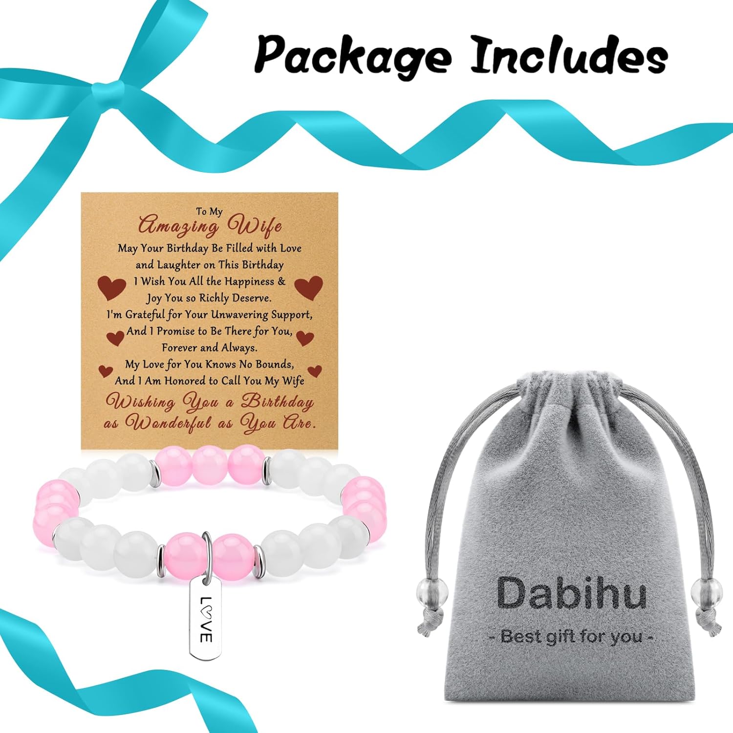 Dabihu Birthday Gifts for Wife from Husband Bracelets with Cards Happy Birthday Gift for Wife Inspirational Jewelry Gifts for Her Beaded Bracelets I Love You Gift for Girlfriend - Image 7
