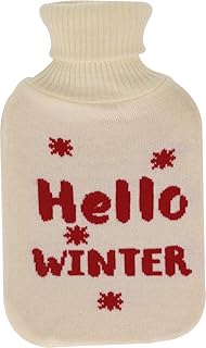 Bolsa de agua caliente con funda de punto suave y mullida, diseño invernal, 33 cm, 1 litro, color crudo/rojo