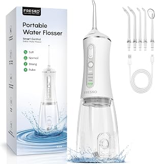 FRESKO Cordless Water Dental Flosser 300ml: Portable Oral Irrigator with 4 Modes, IPX7 Waterproof, 50-Day Battery & 5 Tips for Braces Travel