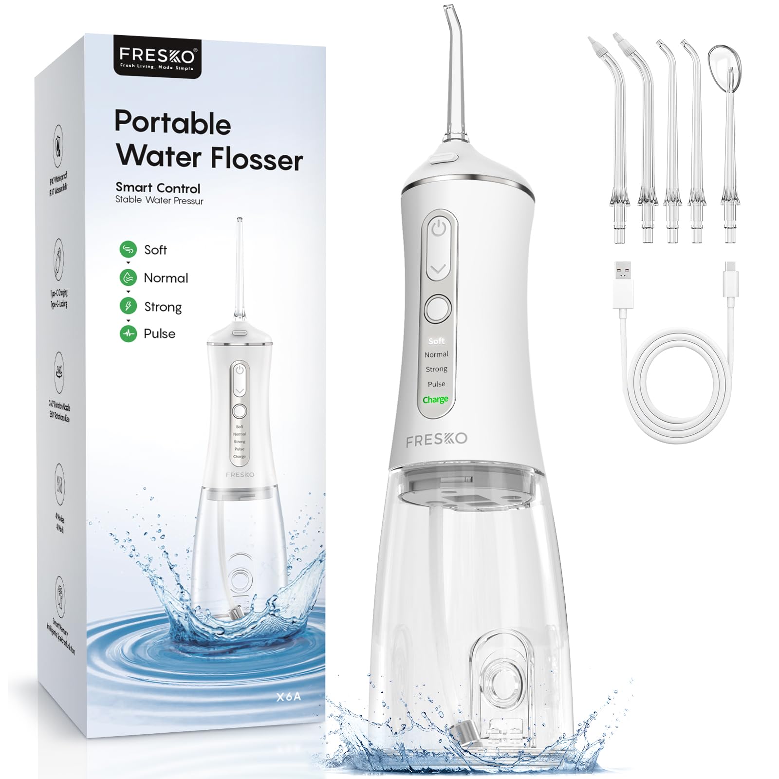 FRESKO Water Dental Flosser for Teeth, 300ML Cordless Flosser with Constant Pressure, Rechargeable Oral Irrigator Cleaner for Travel Home Use and