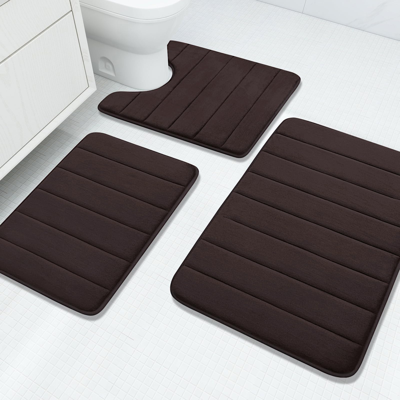 Buganda Memory Foam 3 Pieces Bathroom Rugs Set - Thick Soft Absorbent Non-Slip Bath Mats, Washable Small/Large/Contour Bath Rugs (24" x 16" + 30" x 20