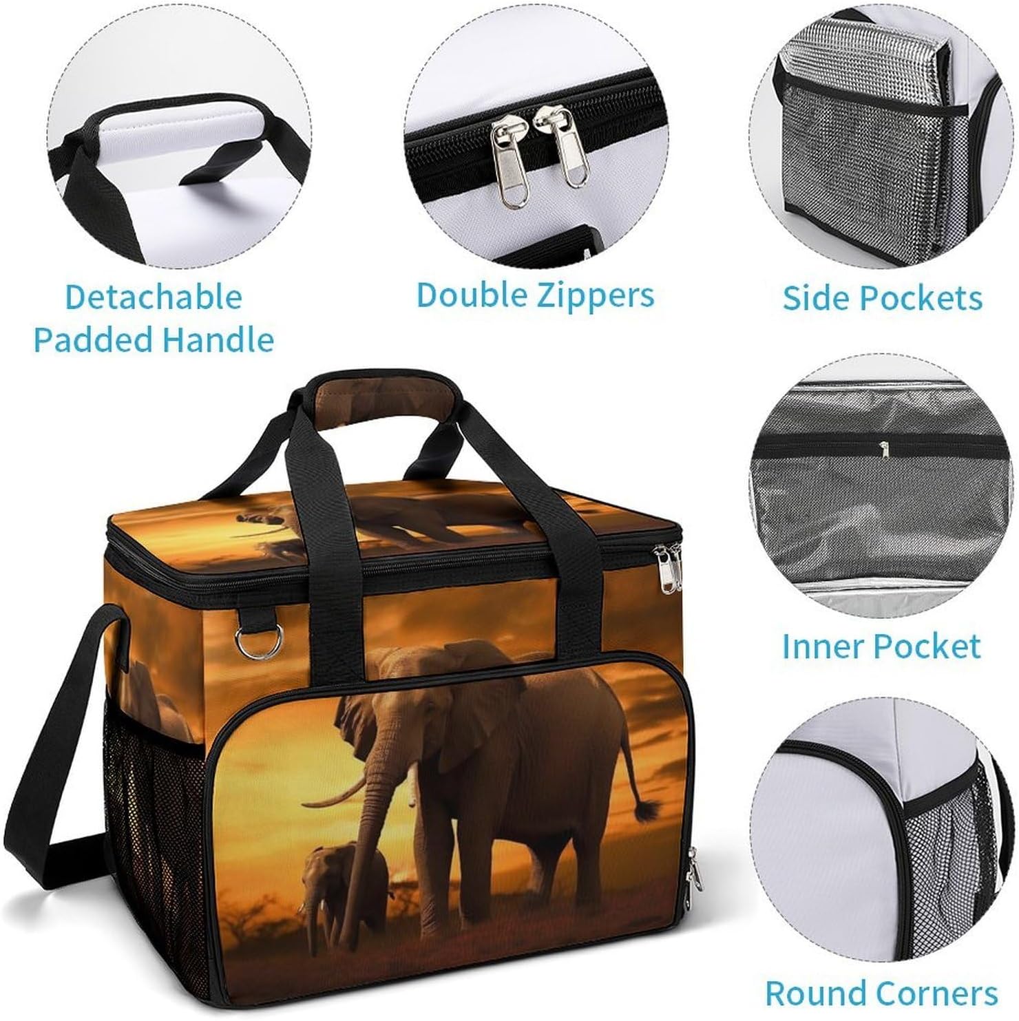 Large Capacity Oxford Cloth Sunset Parent-Child Elephant Printed Camping Ice Bag, Outdoor Portable Insulation and Cooling Bag, Suitable for Outdoor Camping and Picnics