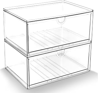 Prsildan Acrylic Makeup Organizer, 2 Pack Stackable Clear Storage Drawers for Baby Bottles Desk Organizers with 2 Drawers for Countertop Vanity Nursery Modular System for Cosmetics Jewelry