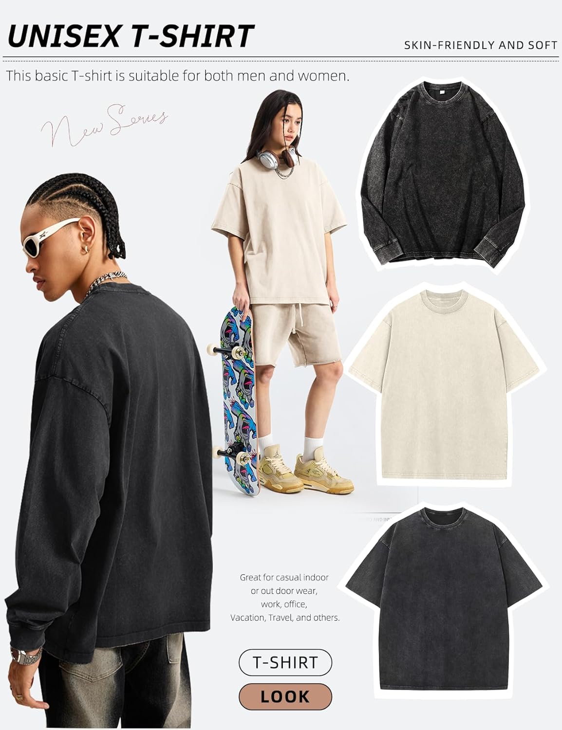 Arssm Mens Oversized T Shirts Cotton Acid Wash T-Shirts Baggy Vintage Tees Loose Fit Heavyweight Streetwear Tops - Image 3