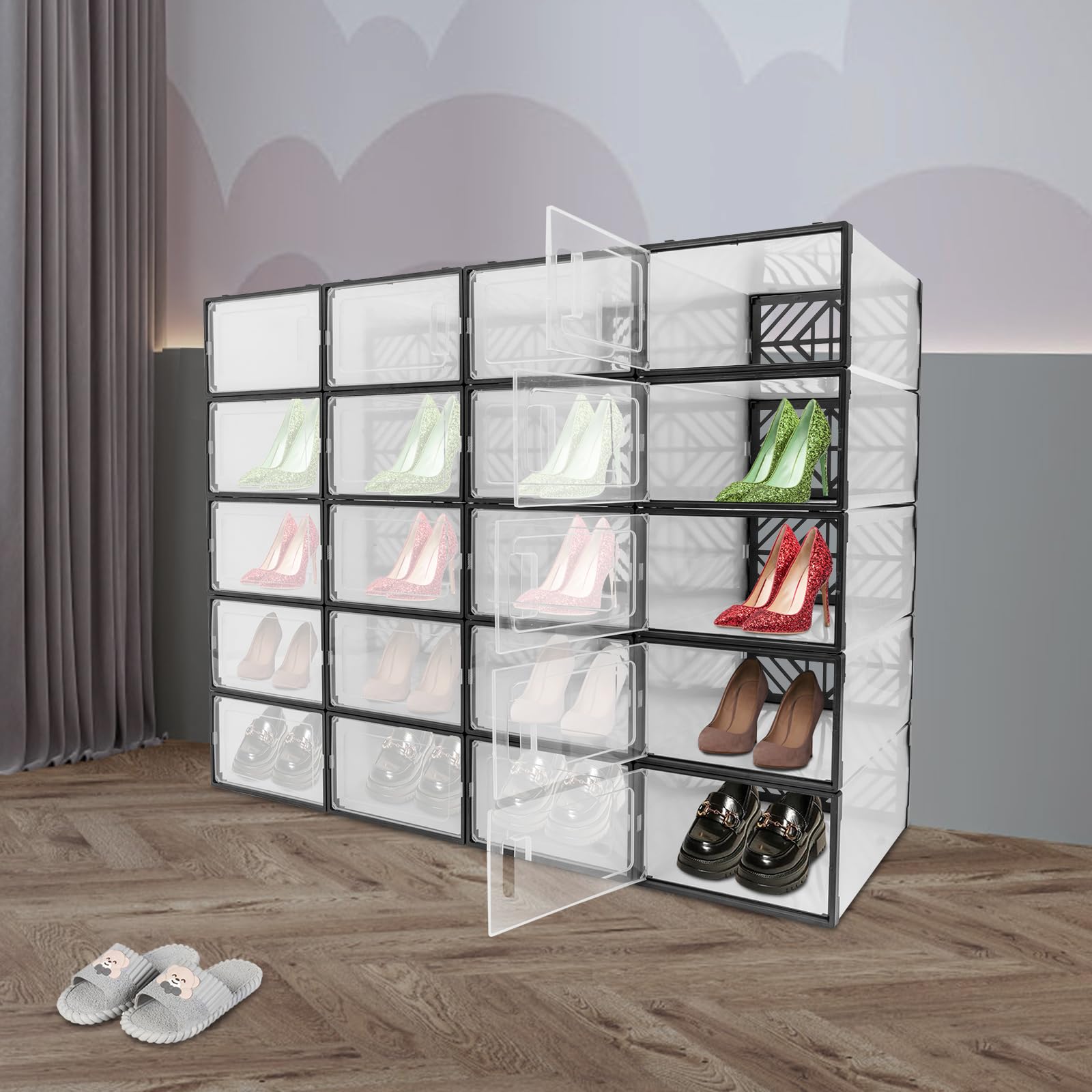 20 Pcs Caja de Almacenamiento de Zapatos Estuche para Zapatos Organizador Zapatero Apilable 92 * 70 * 34.5cm Negro