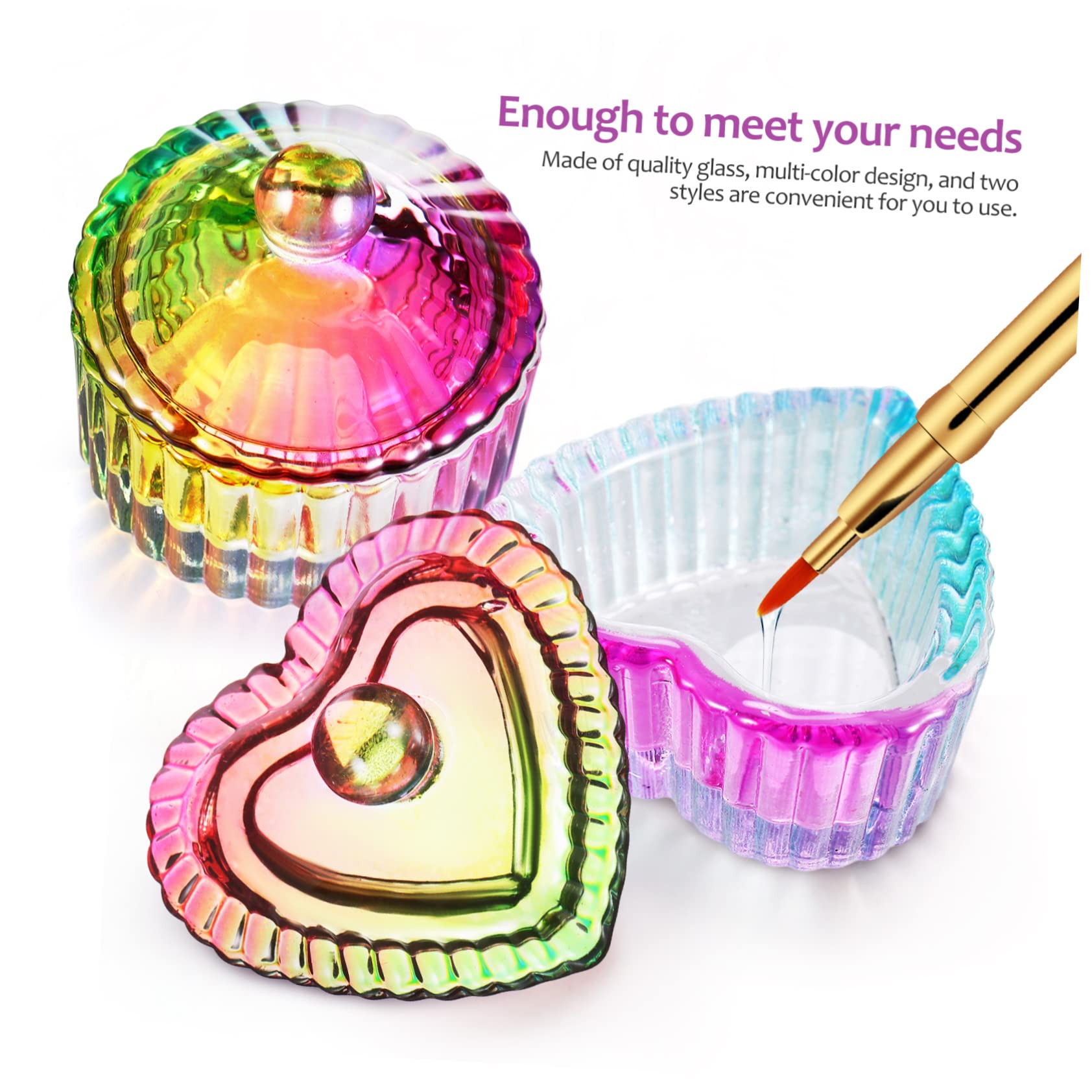 Mikinona 2pcs Colorful Acrylic Dappen Dishes with Lids Round Heart-shaped Storage Bowls for Monomer Nail Polish and Decorations Sturdy Glass Containers for Nail Art Tools