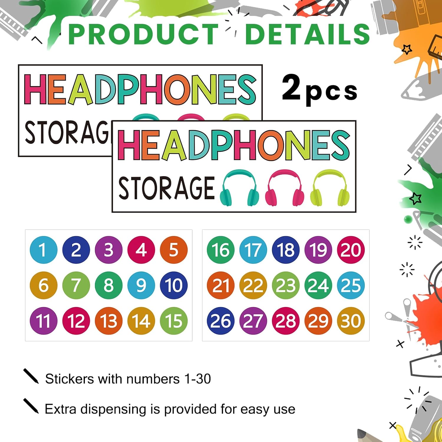 2 Pcs Over The Door Hanging Classroom Headphone Storage Organizer 30 PVC Clear Organizer Holder Pockets with 2 Pcs Headphone Storage Cards with Digital Stickers for Library Door Hanger