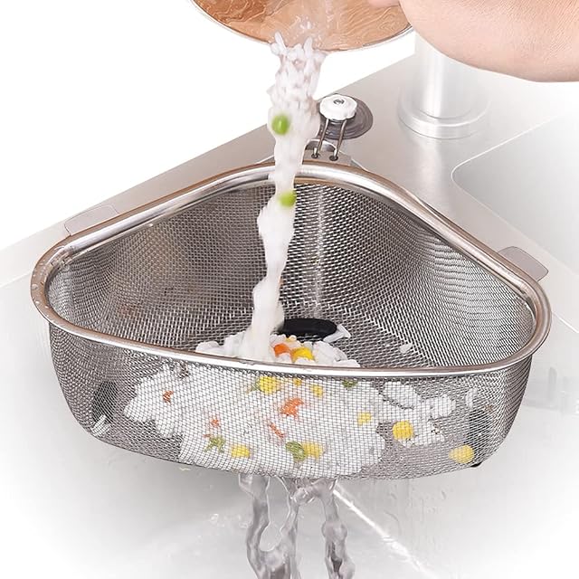 Stainless Steel Kitchen Sink Strainer Basket, Punch-Free Triangle Sink Drainer Basket, Multi-Function Sink Strainer Basket for Wash Fruits Vegetables, Filter Food Waste, Storage Rack