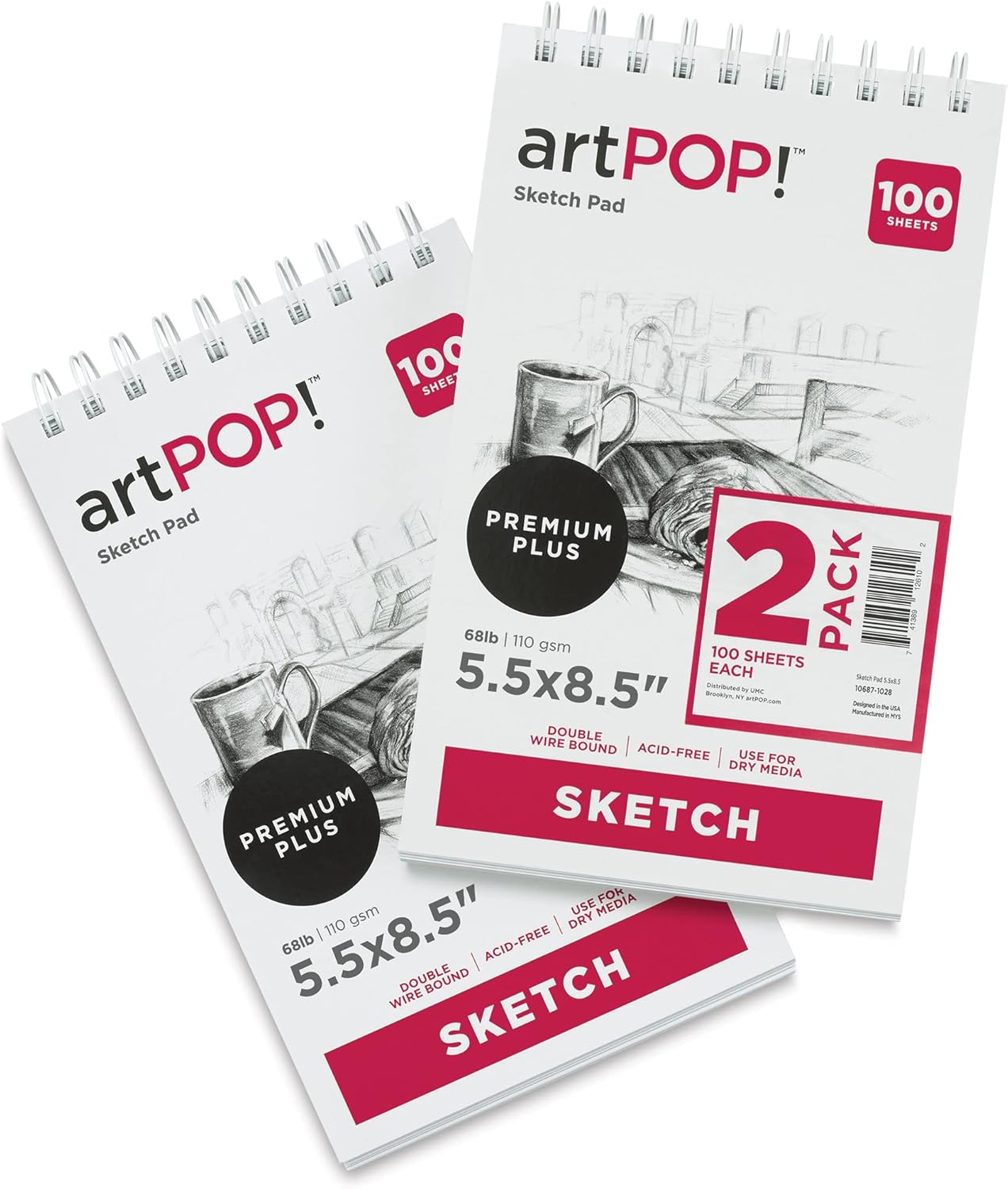 artPOP! Sketch Pads, 2-Pack, 5.5" x 8.5", 100 Sheets Each, 68 lb (110 GSM), Acid Free Paper for Dry Media, Top Wirebound Sketchpad for Drawing with Ink, Colored Pencil, Graphite, Charcoal, Pastels