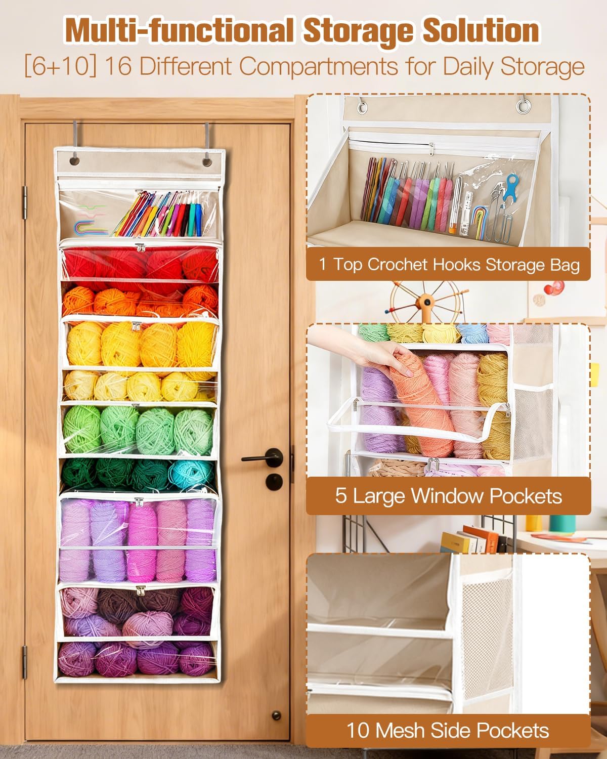 Hanging Yarn Storage Organizer, Large Capacity Over the Door Yarn Organizer with 6 Clear Zipper Pockets 10 Mesh Side Bags, Hanging Yarn Holder Knitting Storage Bag for Crochet Hooks, Beige