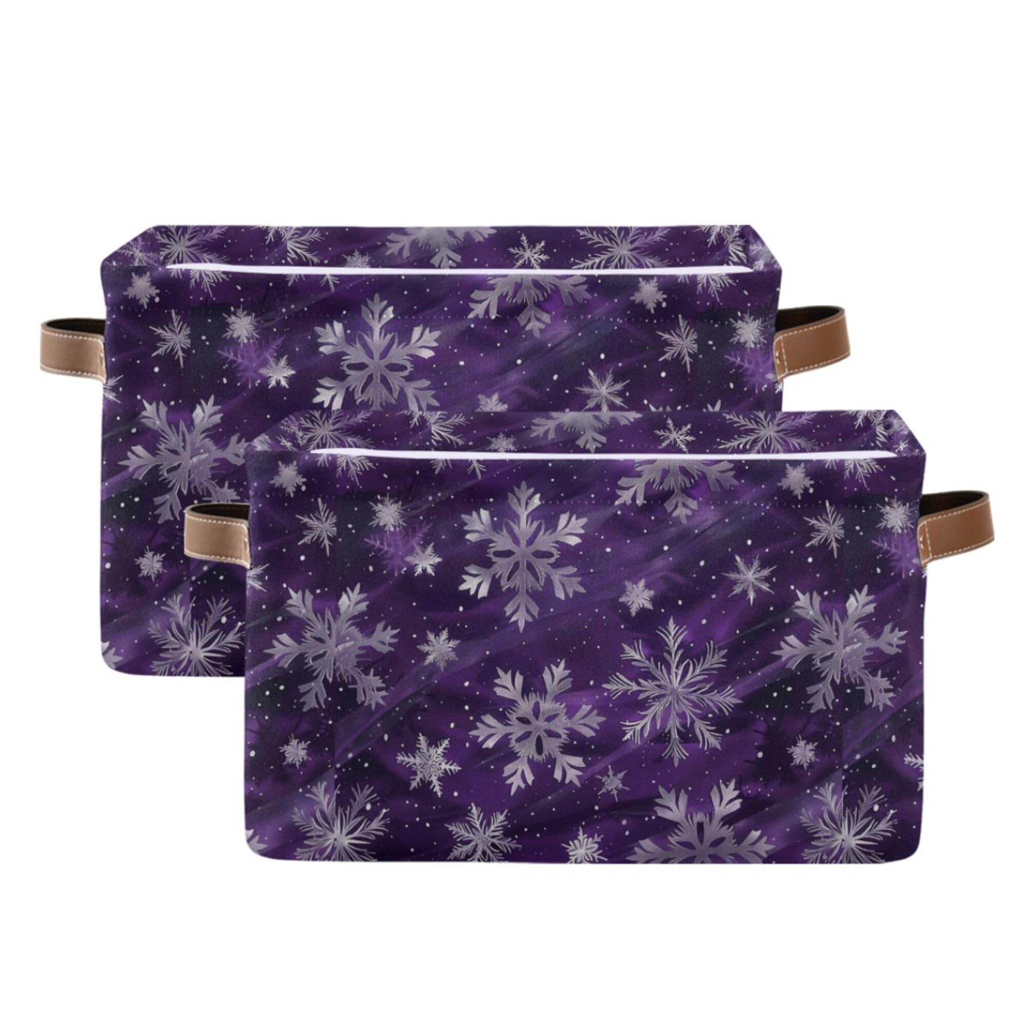 Wamika Winter Snowflake Storage Basket with Waterproof Liner and PU Handles Christmas Purple Xmas Storage Bins Boxes 14.2" Collapsible Decorative Organizer Baskets for Bedroom Closet Office 2 Pack