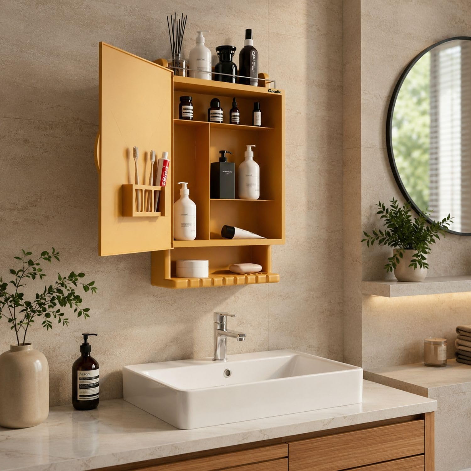 Bathroom Mirror Cabinet with Storage, Wall Mounted Acrylic Bathroom Organiser, Unbreakable Mirror Door with Multi Compartments, Bathroom Accessories Cabinet for Toiletries (Brown, Set of 1)-image-4