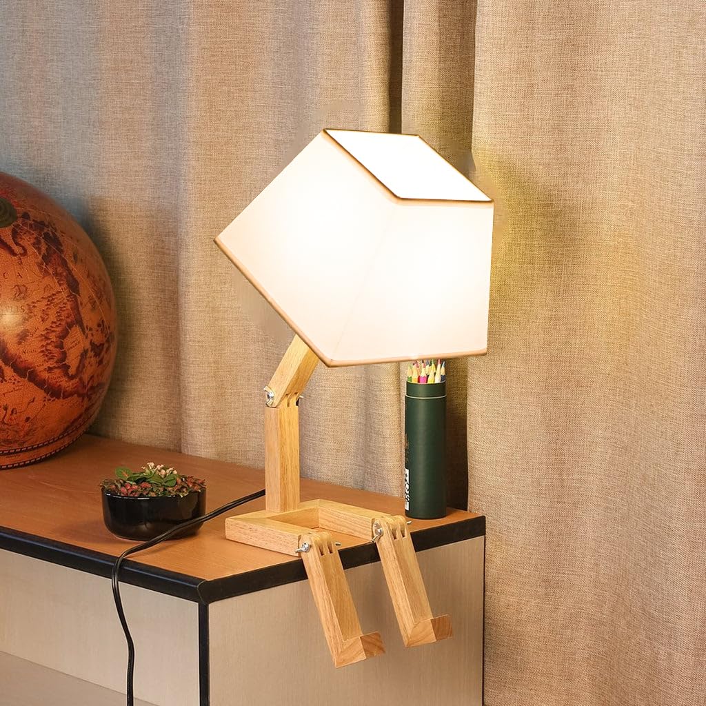 Cute Robot lampa biurkowa, lampki nocne, przyciemniane, kwadratowe abażur, światło nocne, z litego drewna Funky Lampa dla dzieci, do sypialni, gabinetu, do salonu