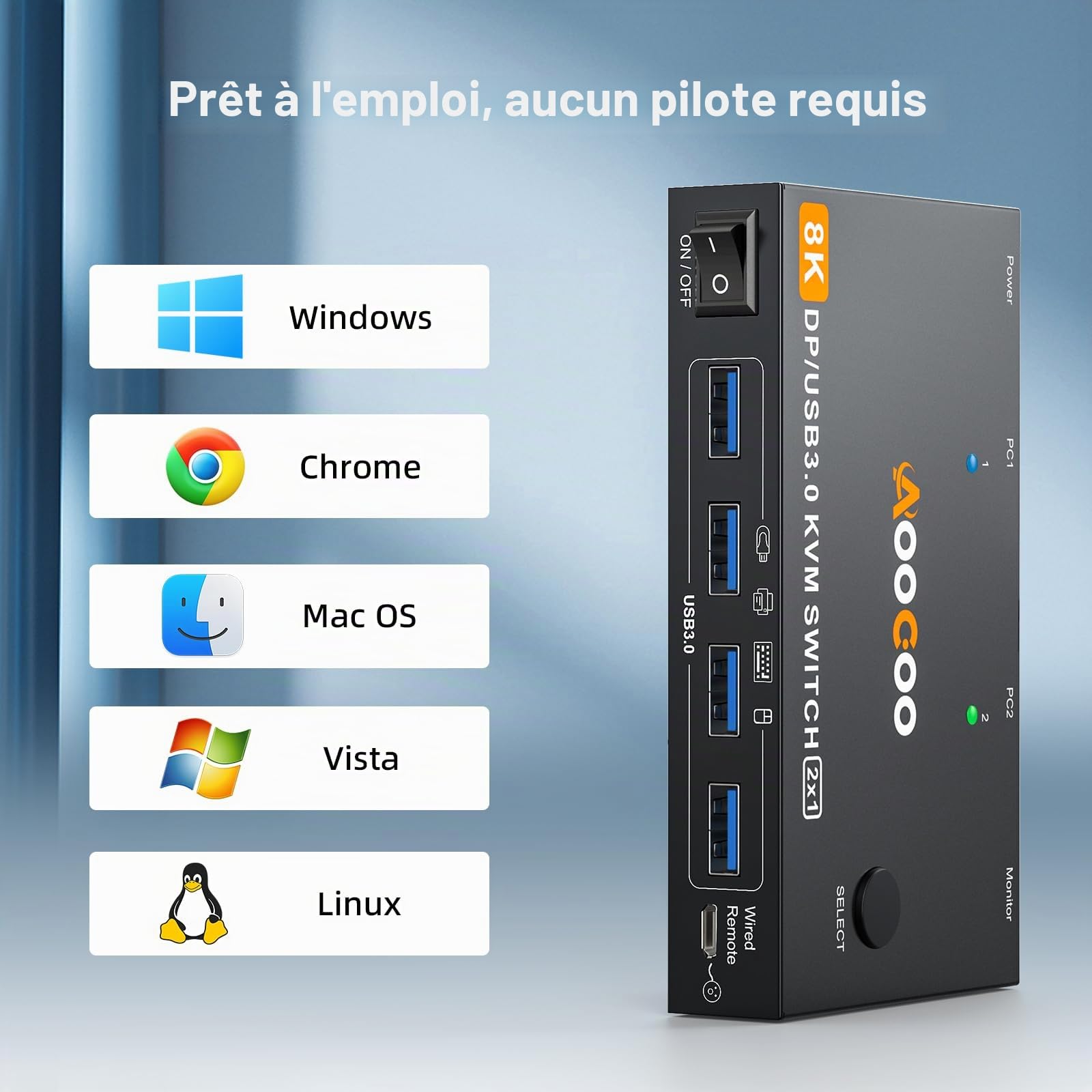 Commutateur KVM DP1.4 2 PC 1 moniteur 8K à 60 Hz/4K à 240 Hz Commutateurs KVM télécommande filaire Câble USB 3.0 inclus