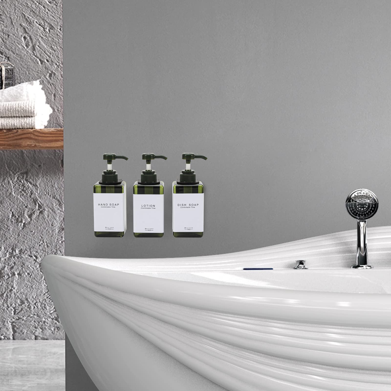 Shampoo und Conditioner Spender für Duschwand 3-Kammer-mit Bohrer Freie quadratische Dusche Seifenspender Wandhalterung mit Wasserdichten Etiketten (3B3W-Green)