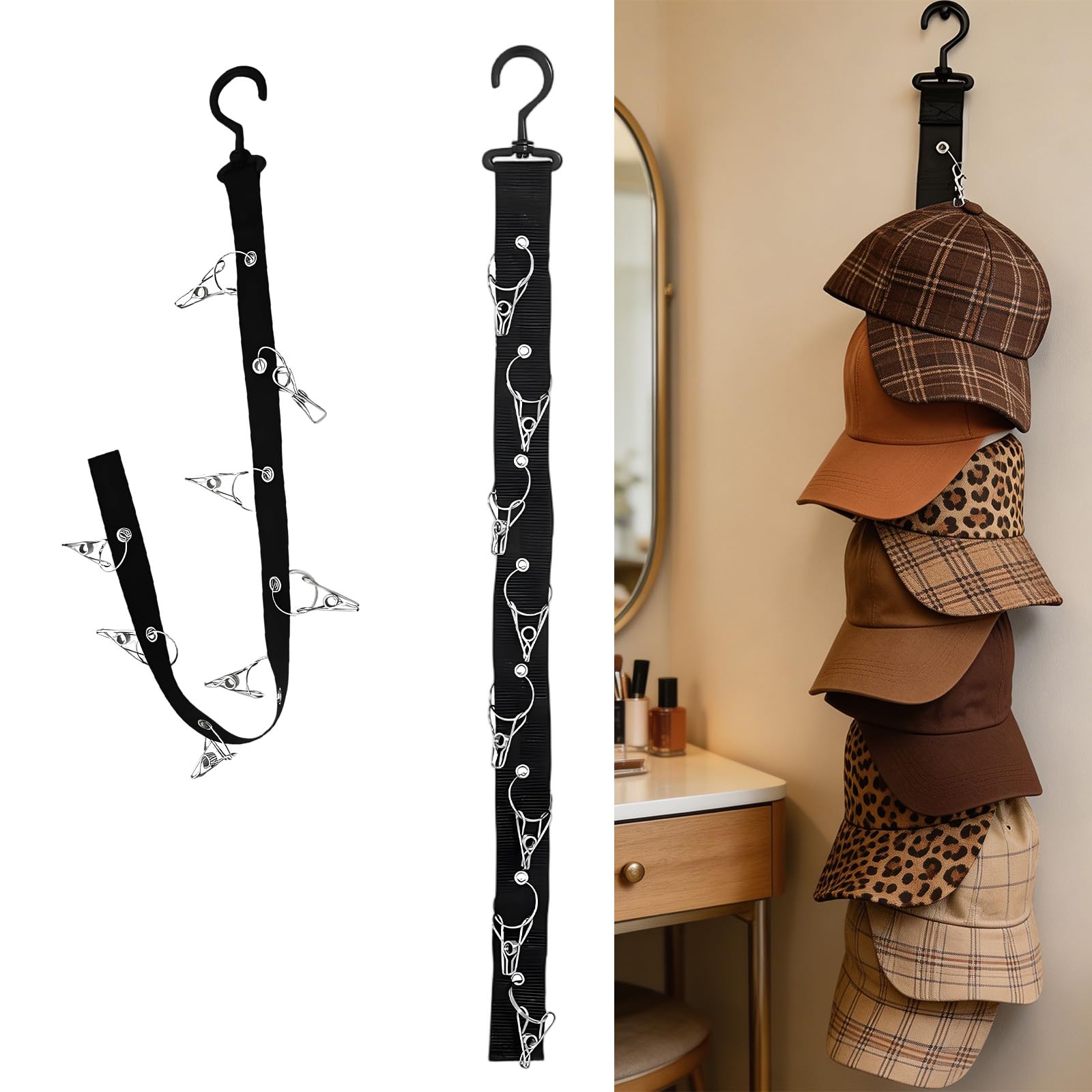 Set da 2 supporti da parete per cappellini, porta cappellini senza forature con 16 mollette metalliche, soluzione versatile per cappellini da baseball, cappelli e accessori tessili (nero)