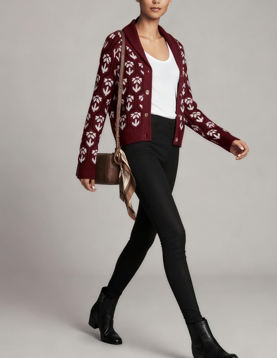 Women Floral Cropped Cardigan Sweaters Shawl Collar Long Sleeve Button Down Knit Jacket Flower Print Knitwear - Image 7