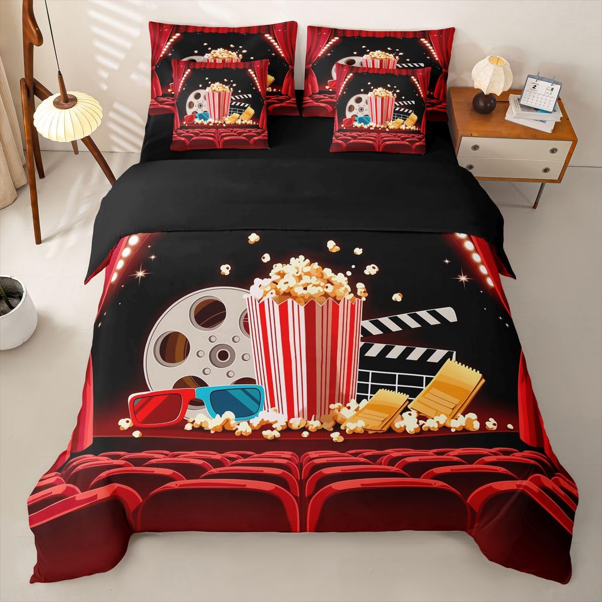 Loussiesd Set di biancheria da letto con copripiumino a tema cinema, 7 pezzi, super king size, stile cinema, per bambini, ragazzi e ragazze, stampa popcorn, decorazione per la stanza, morbida e