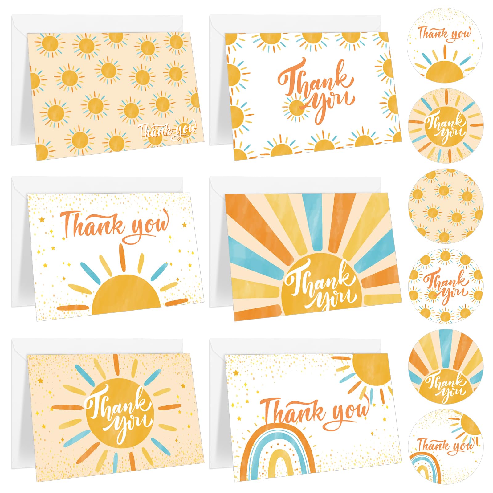 Whaline 30 Packs Boho Sun Thank You Cards Retro Sunshine Greeting Card with Envelopes and Stickers Here Comes the Son Blank Note Cards for Baby Shower