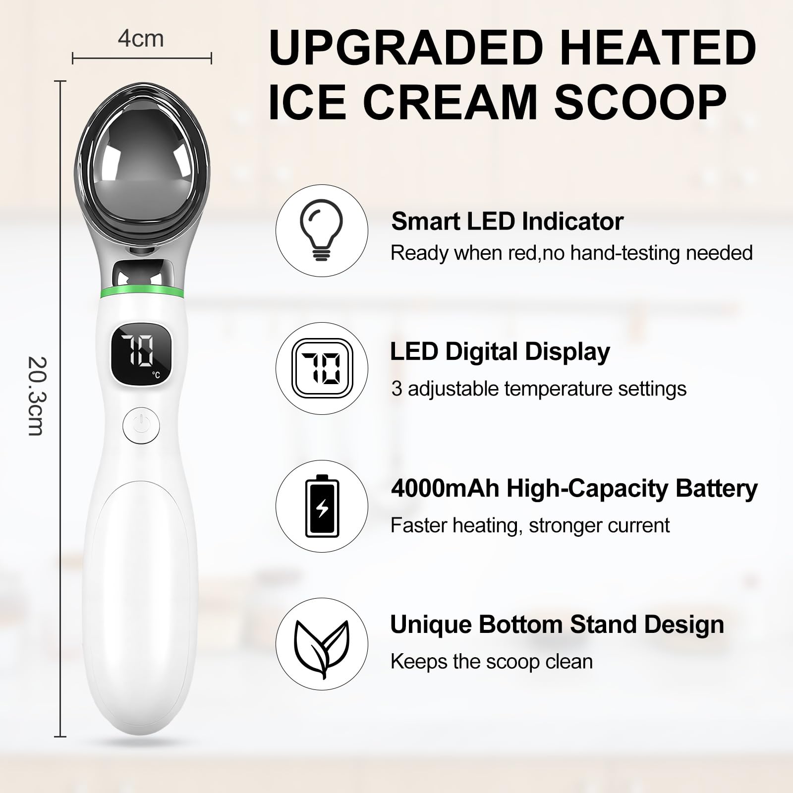 Cuillère à glace chauffante rechargeable, 4 000 mAh, avec affichage LED, 3 températures jusqu'à 70 °C, poignée ergonomique, cuillère étanche pour crème glacée dure (blanc)