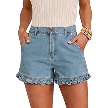 Women Ruffle Denim Shorts High Waist Cotton Short Jeans with Pocket