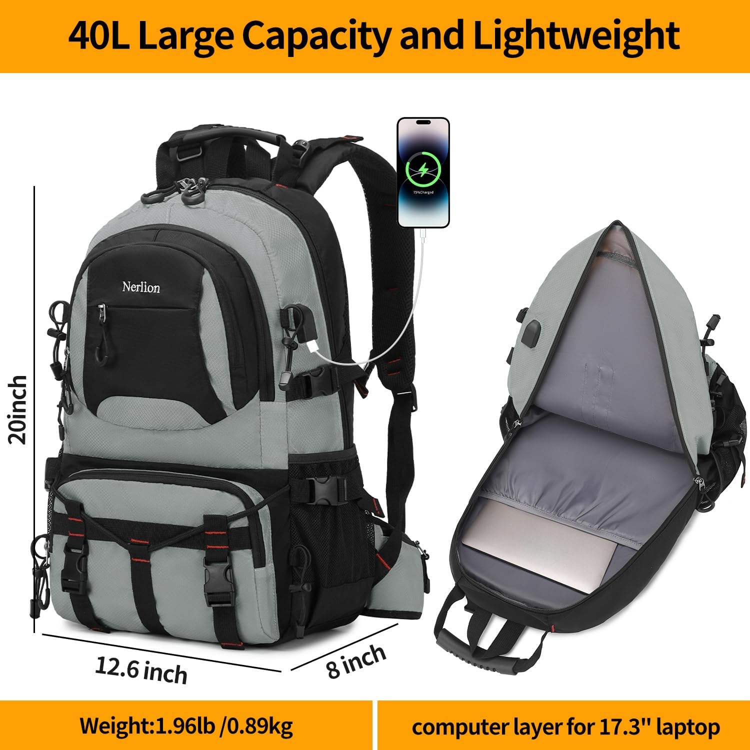 Nerlion 40L Hiking Backpack Travel Backpack for Men Women Camping Waterproof Outdoor Hiking Daypack Lightweight Backpack (Light Gray)