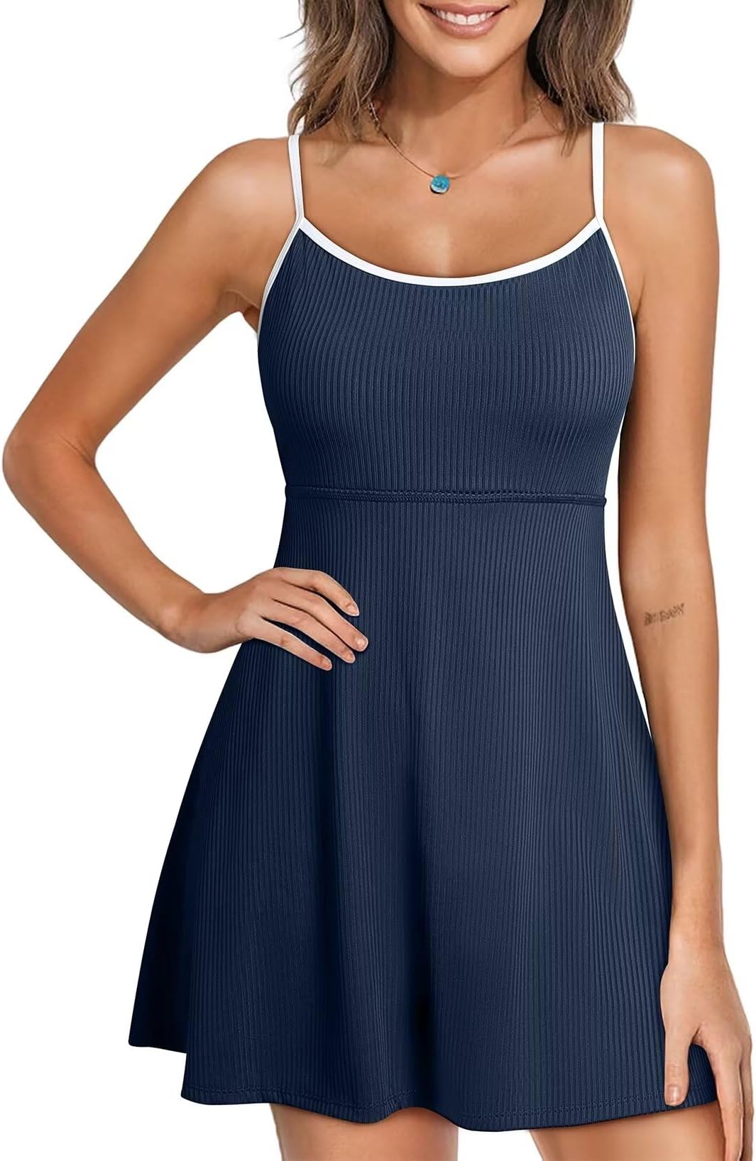 AleumdrWomen Skirted Swimwear Swimsuit One Piece Swim Dress Solid Swimming Dress with Shorts