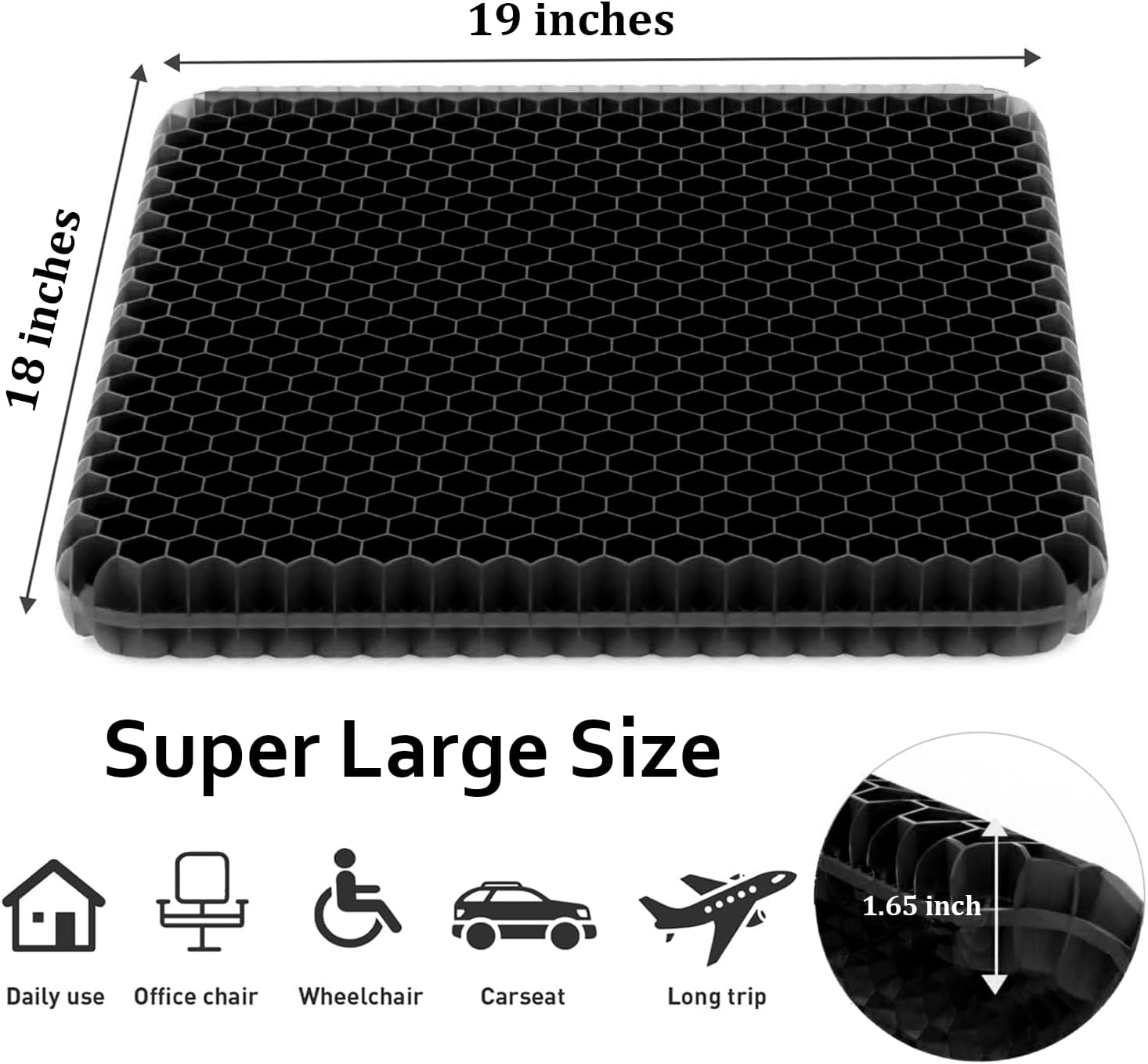 Gel Seat Cushion, Super Large Gel Cushion Chair Pads with Non-Slip Cover for Home Office Car Seat Wheelchair, Soft Breathable Honeycomb Seat Cushion for Relieve Hip Pain, As Seen On TV (Black)