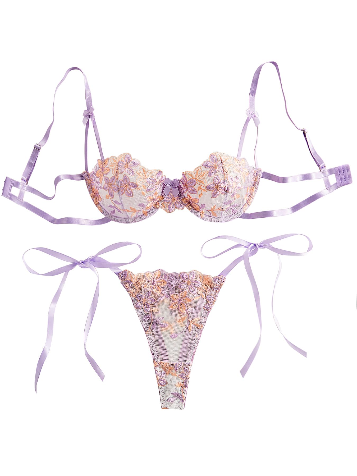 Lilosy Sexy Tie Side Cute Underwire Push Up Strappy Embroidered Mesh Sheer Lingerie Set: Bow Large Bow Flower Lavender Purple