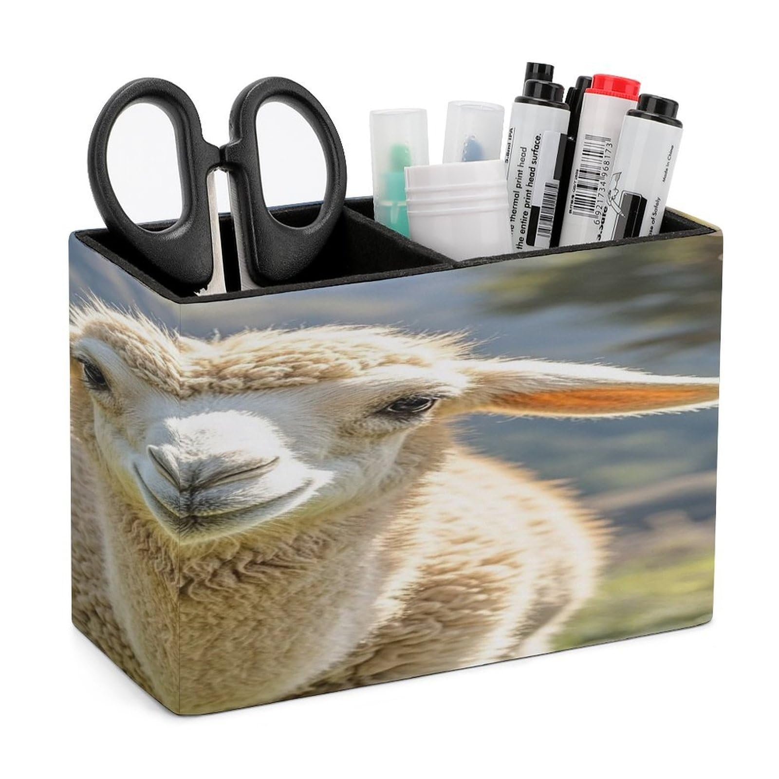 FekiLoot Lamb Pen Holders for Desk Small Remote Control Holder Leather Pencil Cup with Double Compartments Desktop Organizer for Table Desk Office Space Saving
