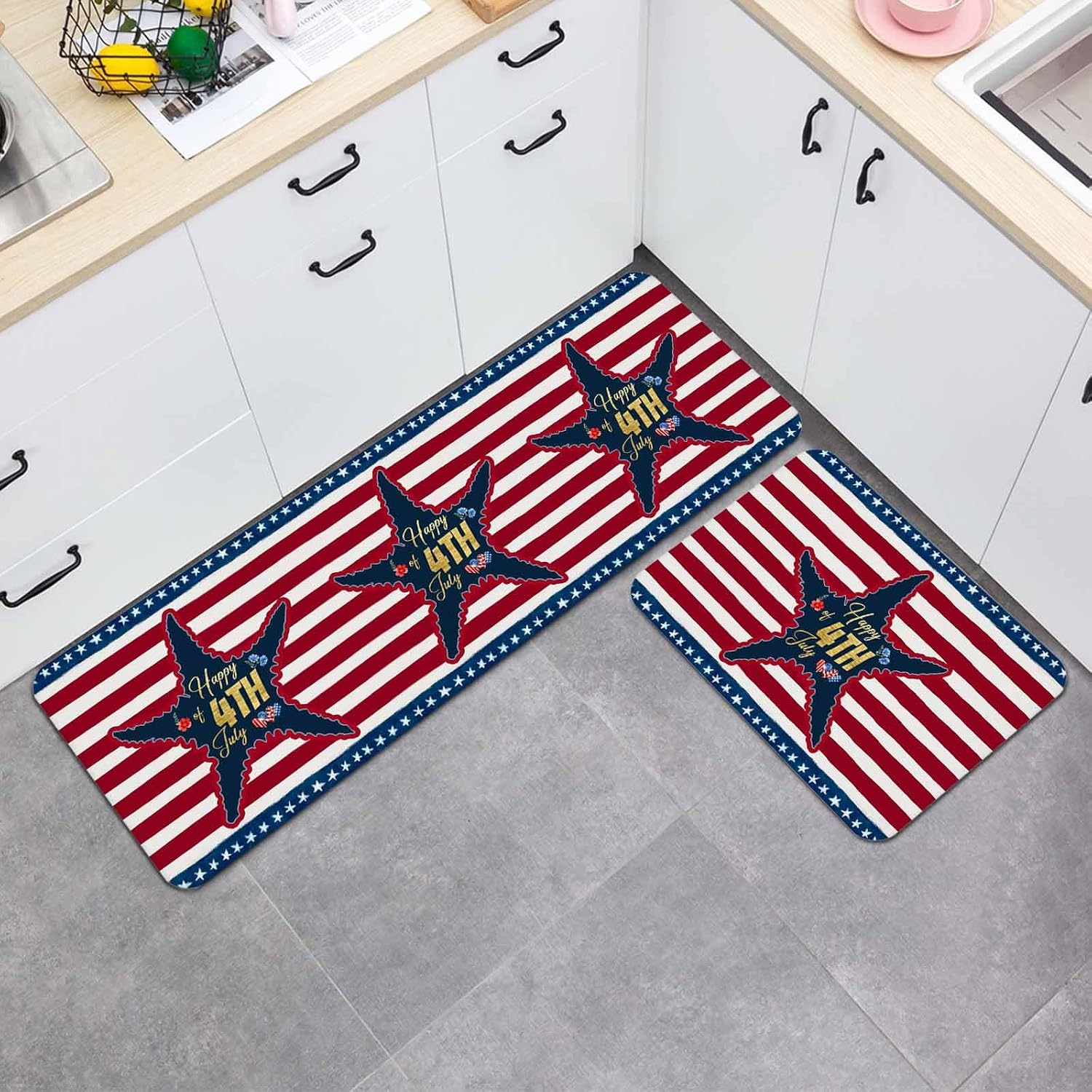 Prime Leader Gold Happy of 4th July Kitchen Mat Set 2 Pieces Rustic Red Blue Star Stripes Non Slip Kitchen Rugs Washable Runner Rug Mats for Sink Laundry (19.7" x 31.5"+19.7" x 63")